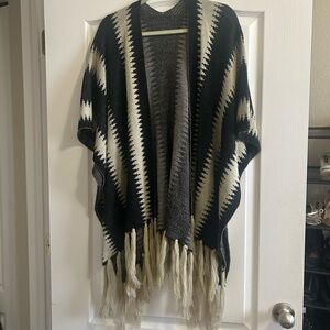 Black and Cream Fringe Aztec Knit Poncho
